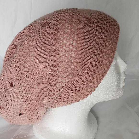 Pink Slouchy Cap Hat Baggy Beanie reversable Winter Handmade Crochet Knit Size M - Picture 5 of 6